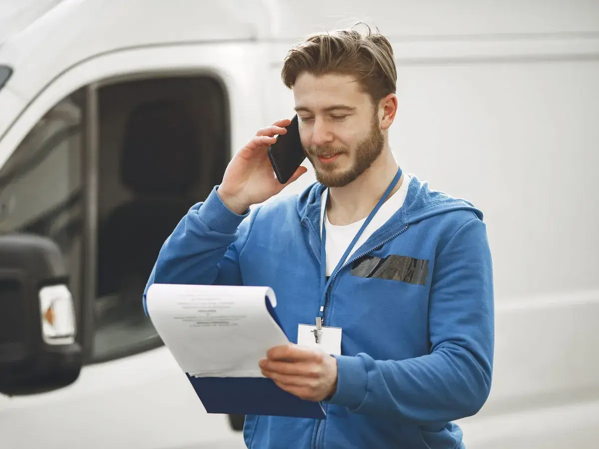 A service business owner taking a phone call beside his van, clipboard in hand.