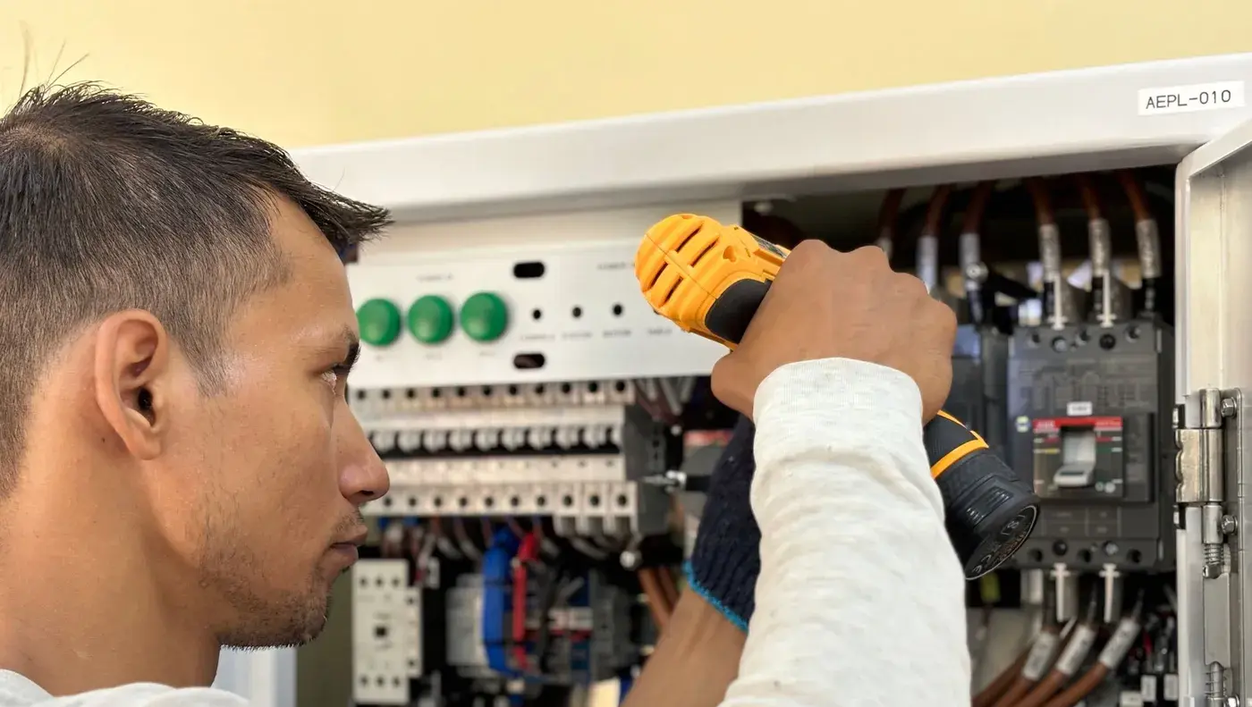A technician working on a control panel during a callout.