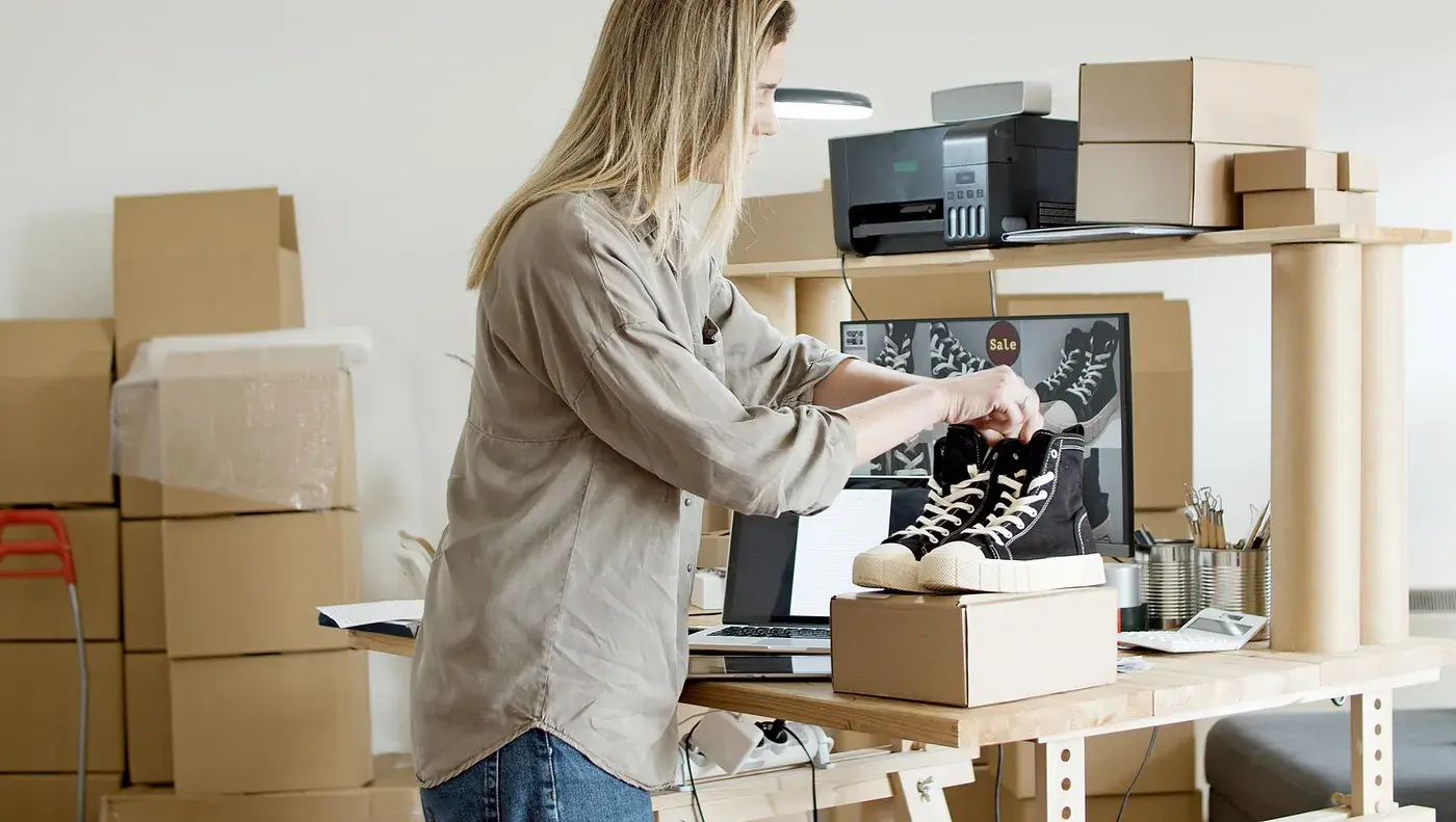 A shop owner packing a pair of sneakers into a box beside shelves of outgoing parcels.