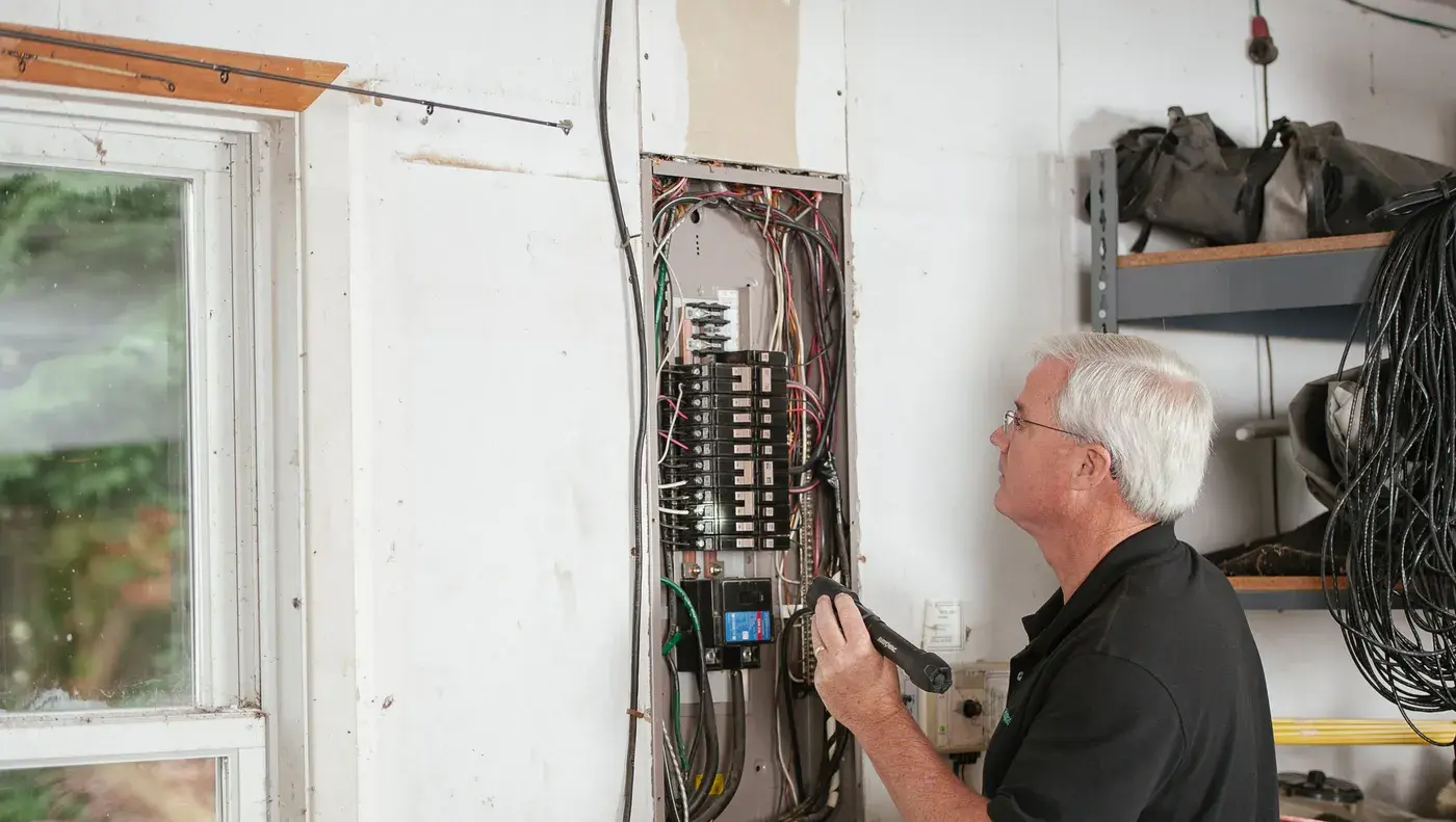An electrician testing a residential breaker panel during a service call.