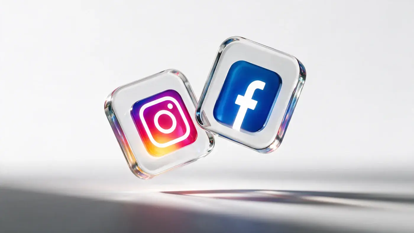 The Instagram and Facebook app icons rendered as glass tiles.
