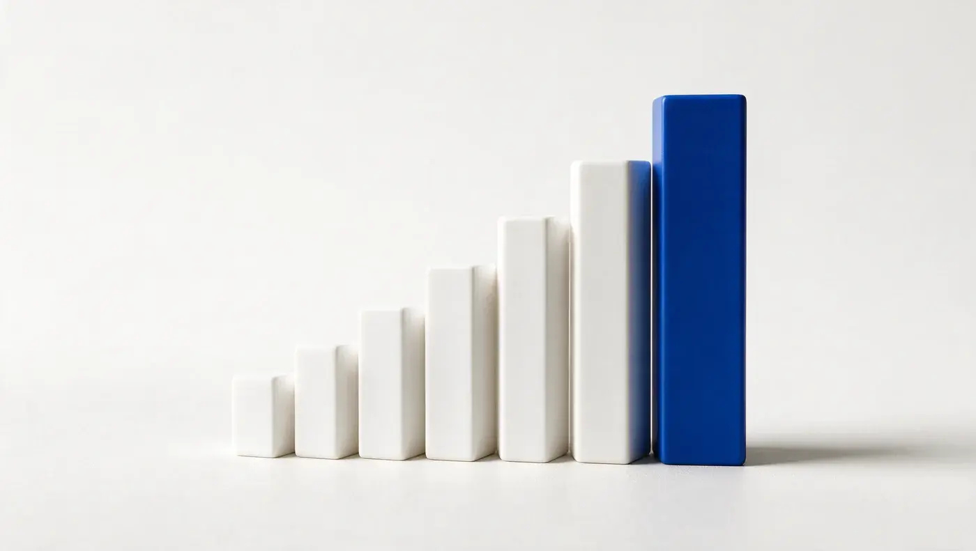 A rising bar chart with the tallest bar picked out in blue.