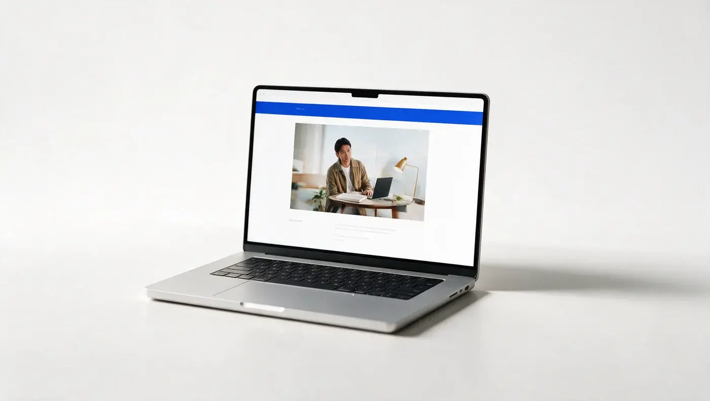 A laptop on a plain desk showing a business website.